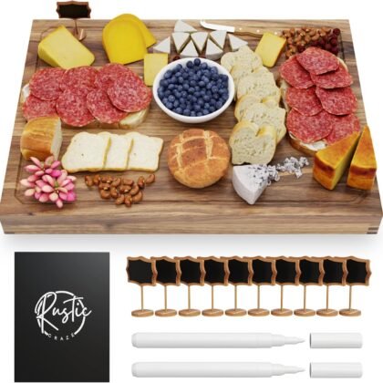 33"x 24" EXTRA LARGE Acacia Wood Cutting Board for Kitchen w/Juice Grooves, Tray Handles, Gift Box, Butcher Block, Serving & Charcuterie Tray, 10 Chalkboard Labels w/Chalk Pens
