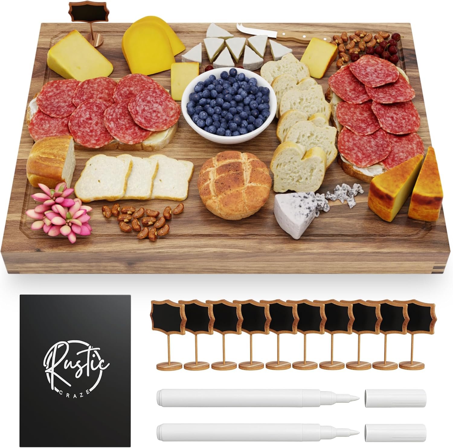 33"x 24" EXTRA LARGE Acacia Wood Cutting Board for Kitchen w/Juice Grooves, Tray Handles, Gift Box, Butcher Block, Serving & Charcuterie Tray, 10 Chalkboard Labels w/Chalk Pens