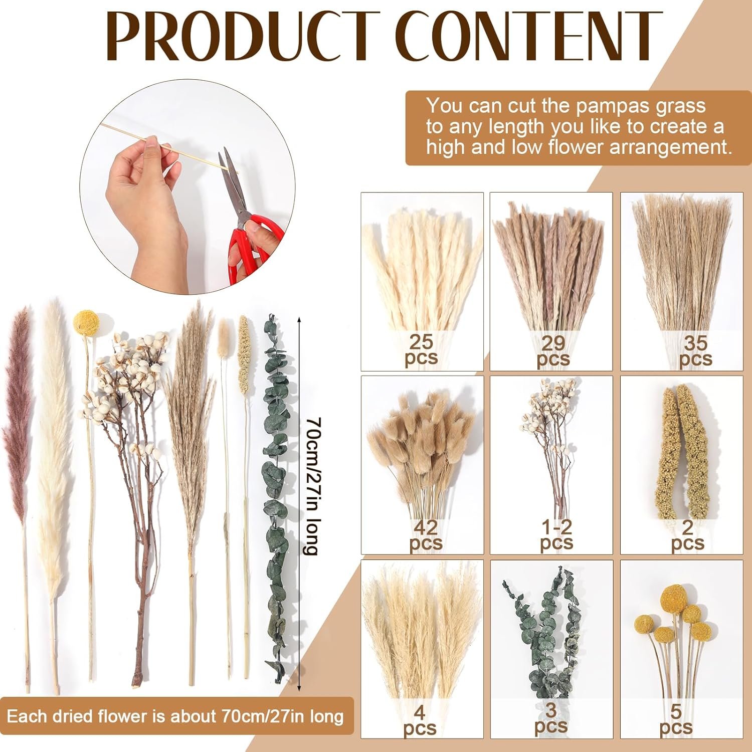 149 Pcs Dried Pampas Grass Decor Dining Table Centerpiece with 2 Pcs 6.3in Vase DIY Boho Decor Natural Dried Pampas Grass for Home Decor Birthday Party Thanksgiving Christmas Weddings Decor - Image 3