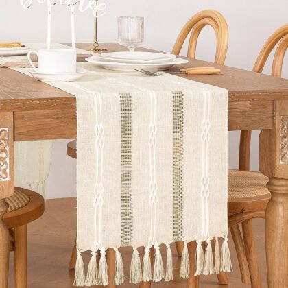 Socomi Farmhouse Table Runner 108 inches Macrame Woven Coffee Table Runner Cotton Rustic Fall ThanksgivingTable Runner with Tassels for Boho Home Decor Dining Living Room 13x108 inches Beige
