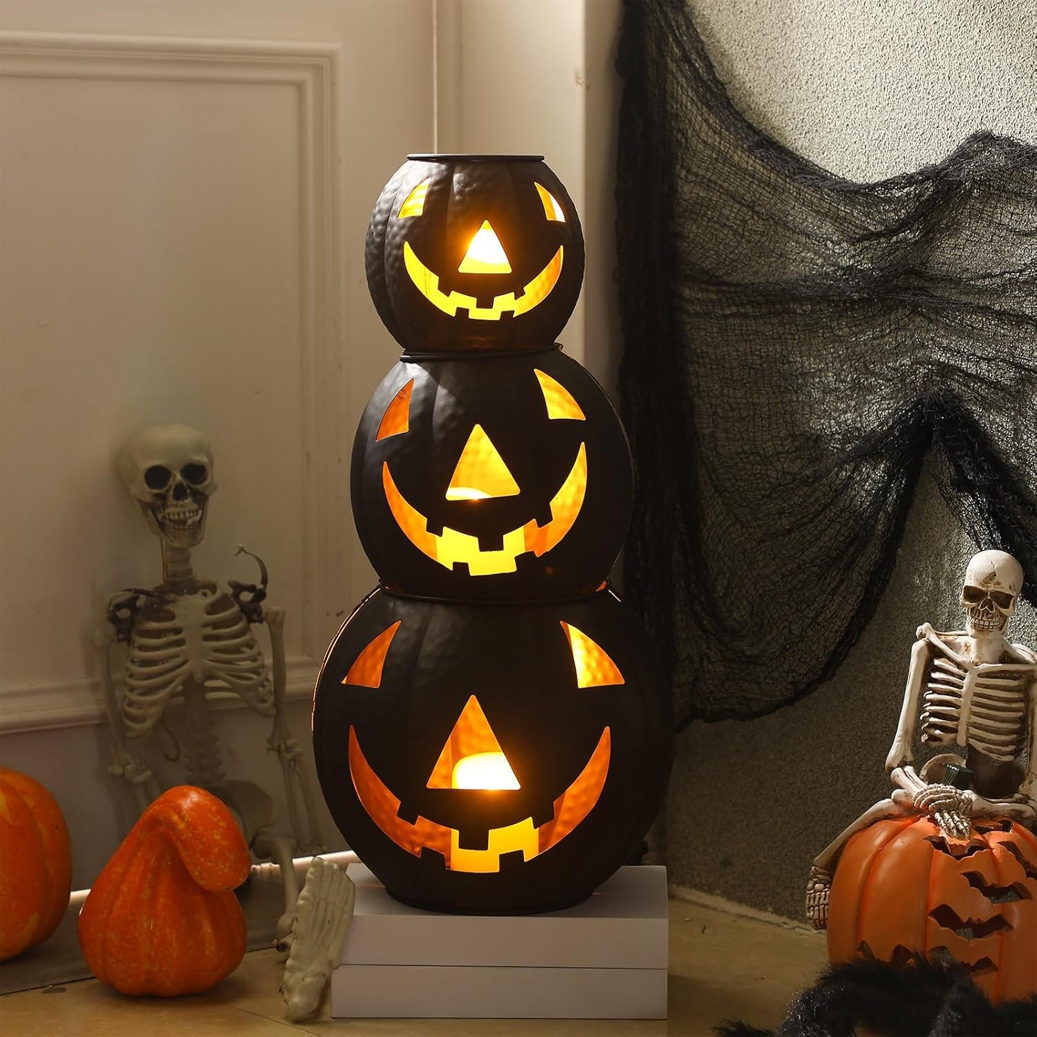 3 Pcs Halloween Metal Jack O Lanterns Pumpkin Set with LED Candles and Black Creepy Cloth Set of 3 Jack O Lantern Halloween Fall Outside or Inside Table Ornaments for Home Festival Party Decor - Image 7