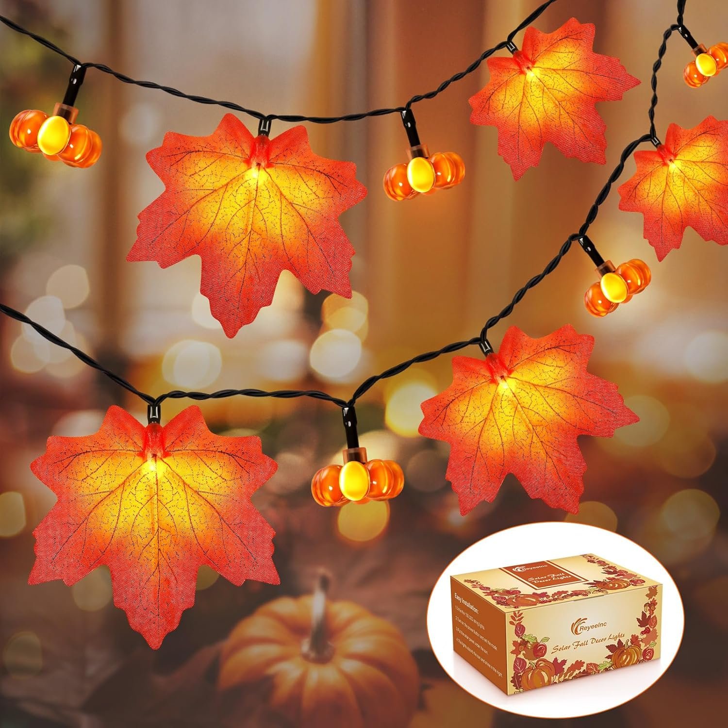 Fall Solar Lights Outdoor Decorative, 39FT Solar Fall Leaves Garland String Lights with 100 LEDs and 8 Modes for Porch, Yard, Front Door, Patio, Outside,Thanksgiving Harvest Autumn Decorations