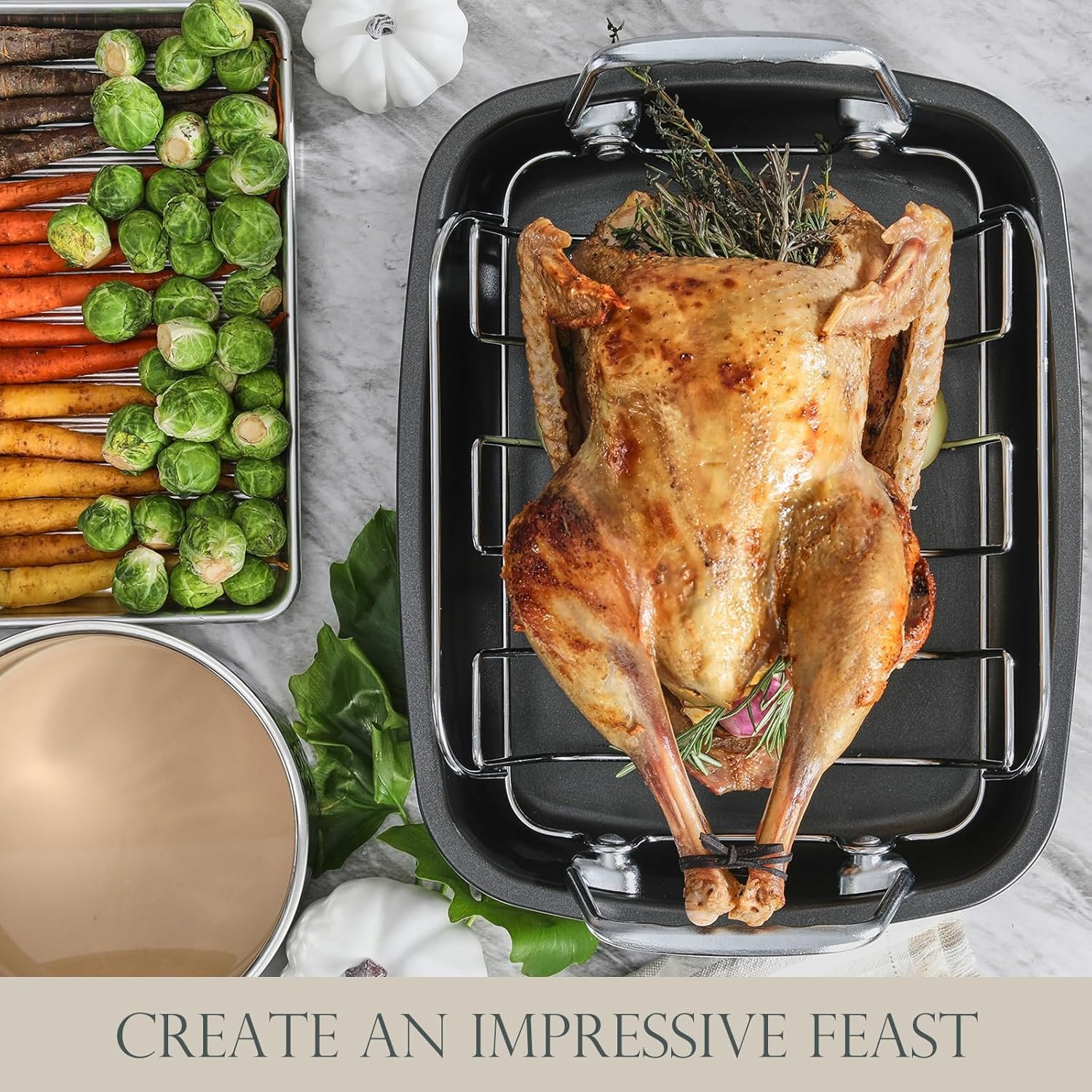 KITESSENSU Nonstick Turkey Roasting Pan with Rack 17 x 14 inch - Large Chicken Roaster Pan for Oven - Wider Handles & Heavy Duty Construction - Suitable for 24lb Turkey, Gray - Image 4