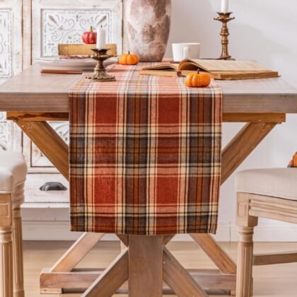 Plaid Fall Thanksgiving Table Runner, Autumn Holiday Rust Orange Table Runners 36 inches Long, Harvest Decorations Farmhouse Home Kitchen Dining Party Decor
