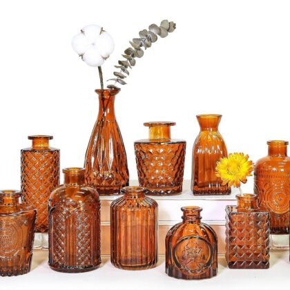 12Pcs Glass Bud Vase Set, Small Dark Brown Flower Vase for Centerpieces, Bud Vases in Bulk, Mini Vintage Vase for Rustic Wedding Decorations（Amber）