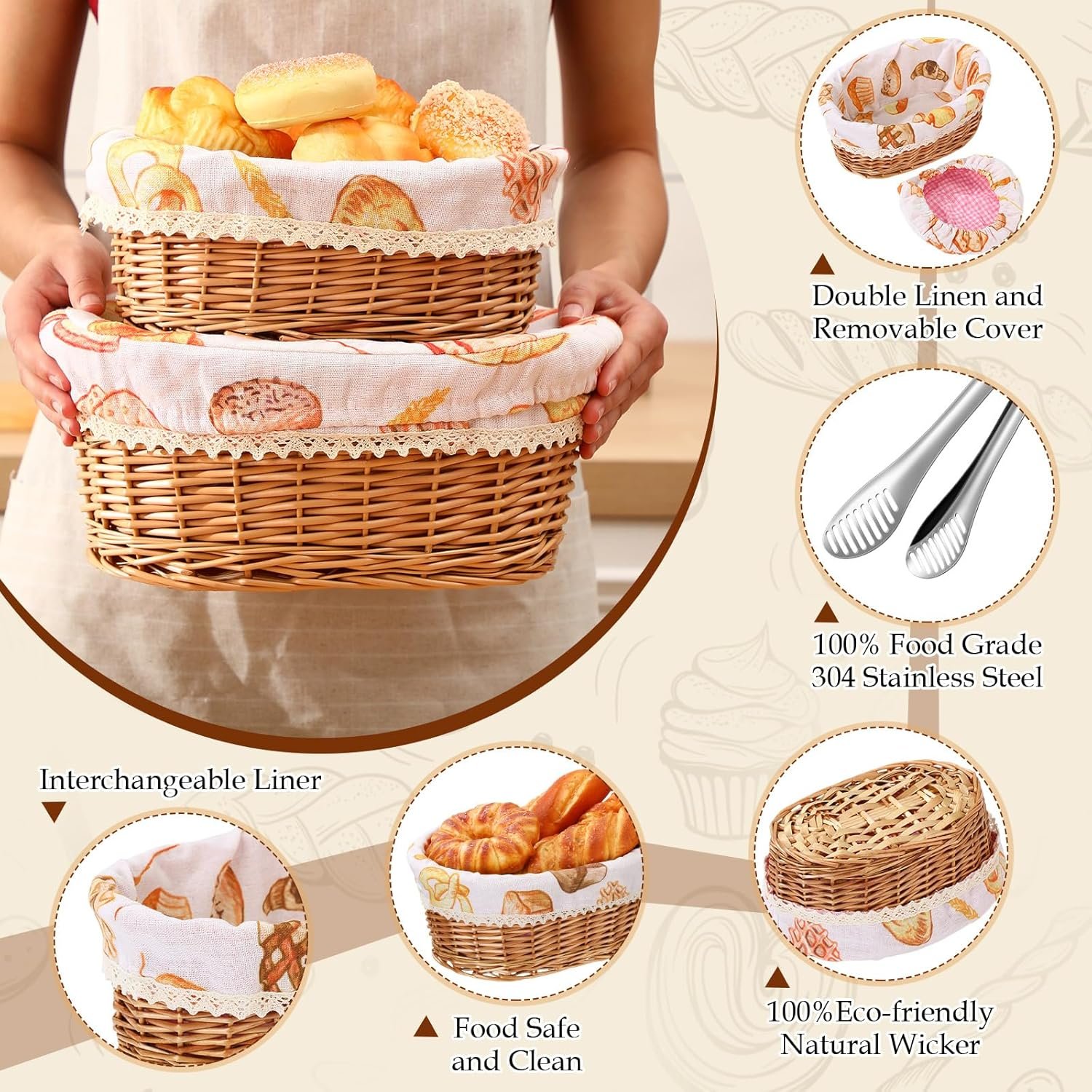 2 Sets Wicker Bread Basket for Serving Set 11 and 12 Inch Sourdough Proofing Woven Bread Baskets with Removable Liner and Tong Fruit Storage Container for Fall Thanksgiving Party(Food Style) - Image 6