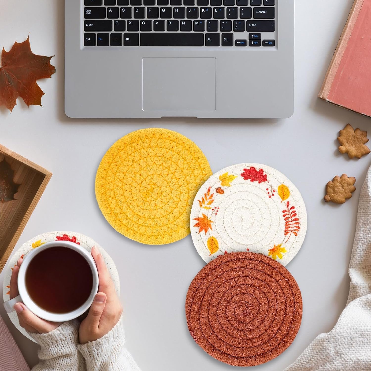 Whaline Fall Thanksgiving Coasters Maple Leaves Handmade Braided Cotton Drink Coasters Orange Yellow Non-Slip Absorbent Cup Mats for Autumn Table Protection Birthday Housewarming Gift Home Decor, 4Pcs - Image 6