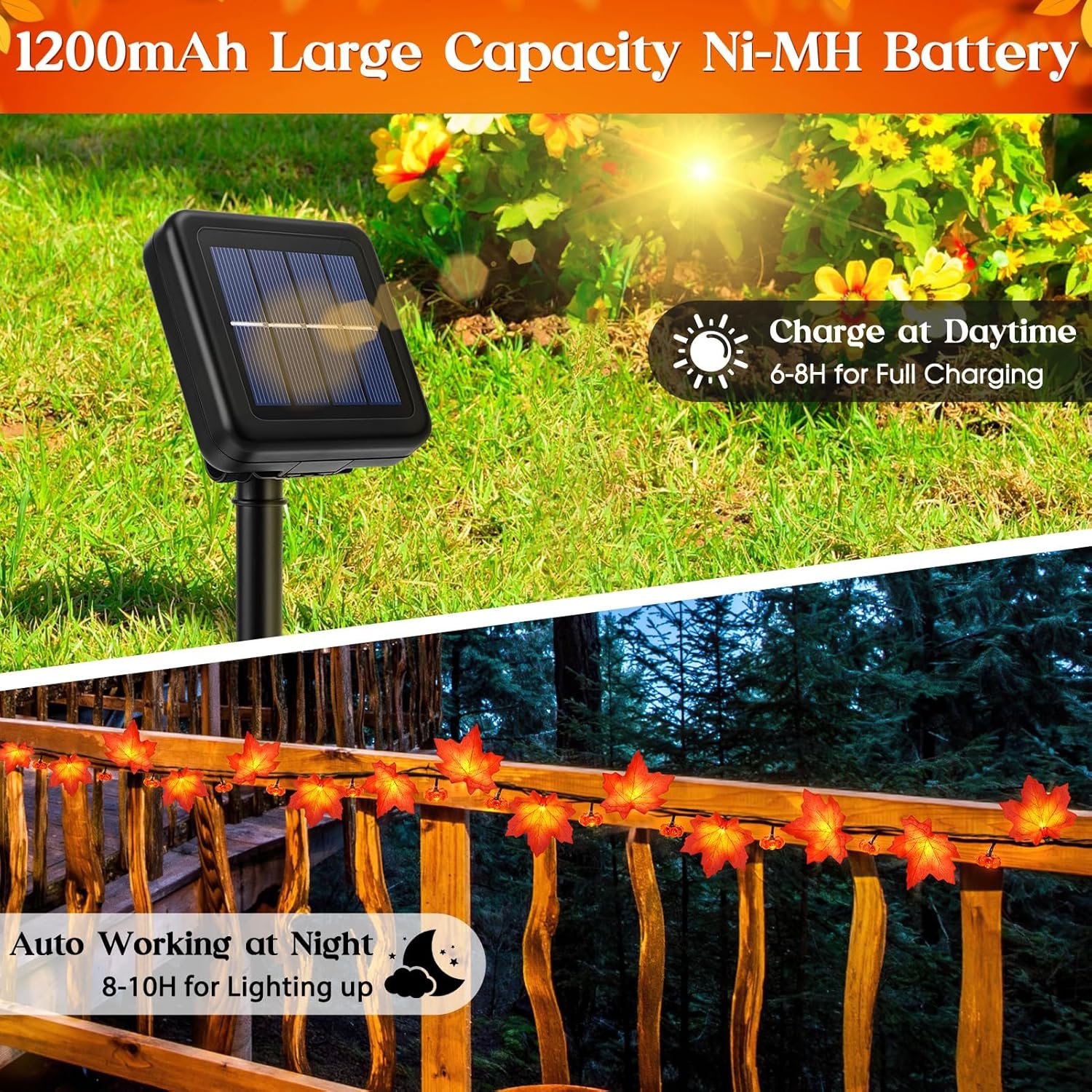 Fall Solar Lights Outdoor Decorative, 39FT Solar Fall Leaves Garland String Lights with 100 LEDs and 8 Modes for Porch, Yard, Front Door, Patio, Outside,Thanksgiving Harvest Autumn Decorations - Image 3