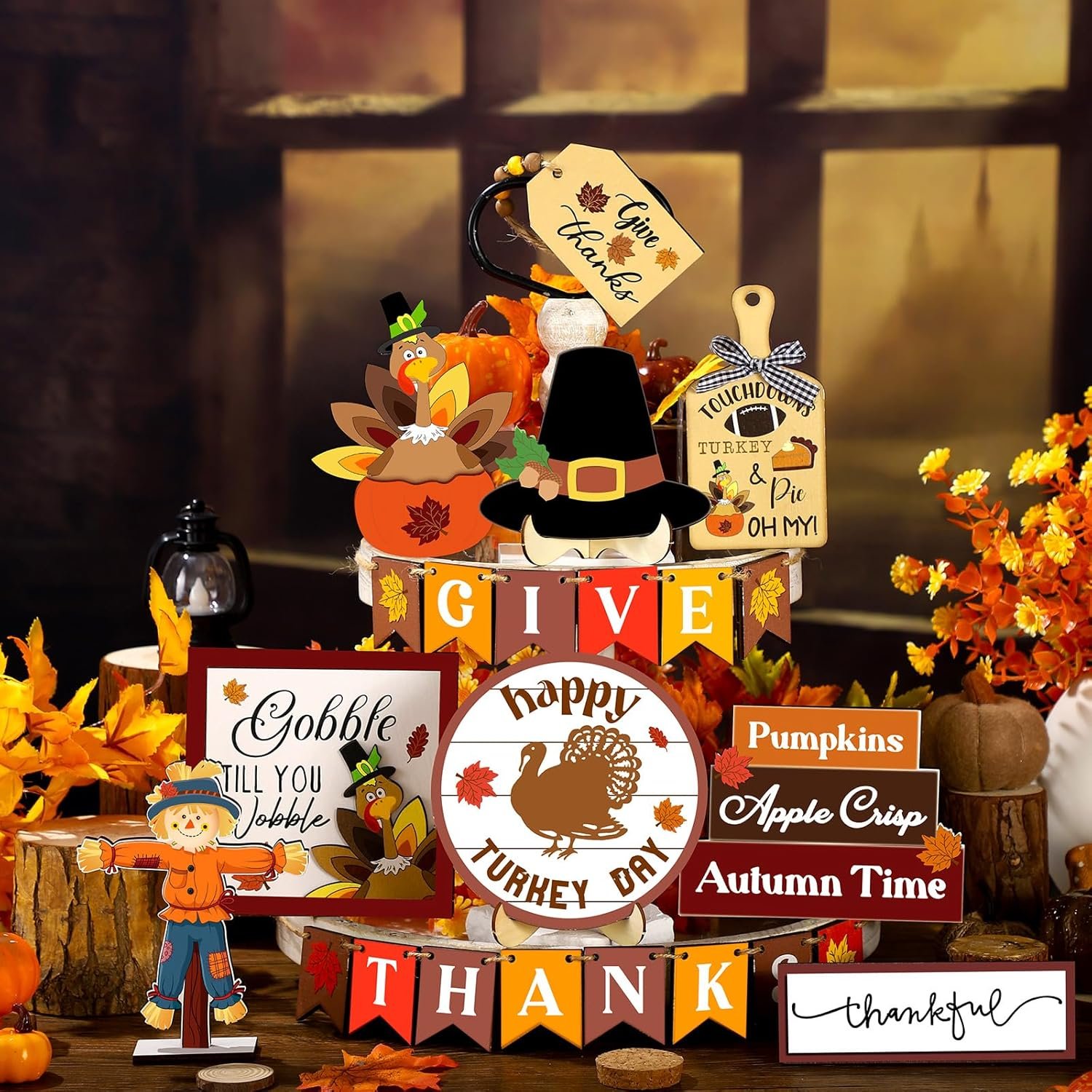 24 Pcs Thanksgiving Tiered Tray Decoration Fall Thanksgiving Decoration Farmhouse Rustic Wooden Sign Turkey Truck Scarecrow Fall Decoration Warm Thanksgiving Fall Home Table Kitchen Decorative Tray - Image 2