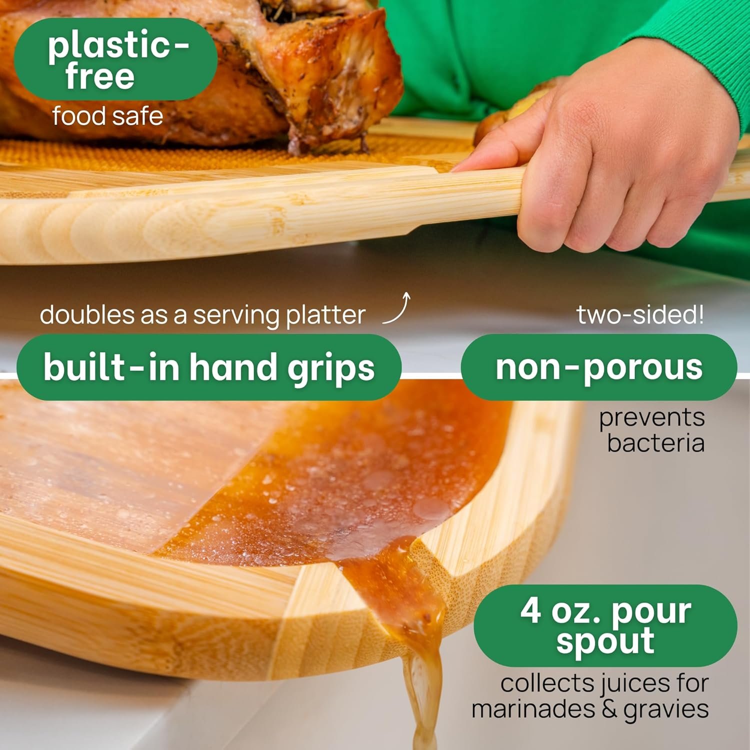 GREENER CHEF 24 Inch 2XL Organic Meat Carving Board with Lifetime Replacements - Wooden Butcher Block with Pour Spout, Turkey Platter for Holidays, Meat Cutting Board - Image 5