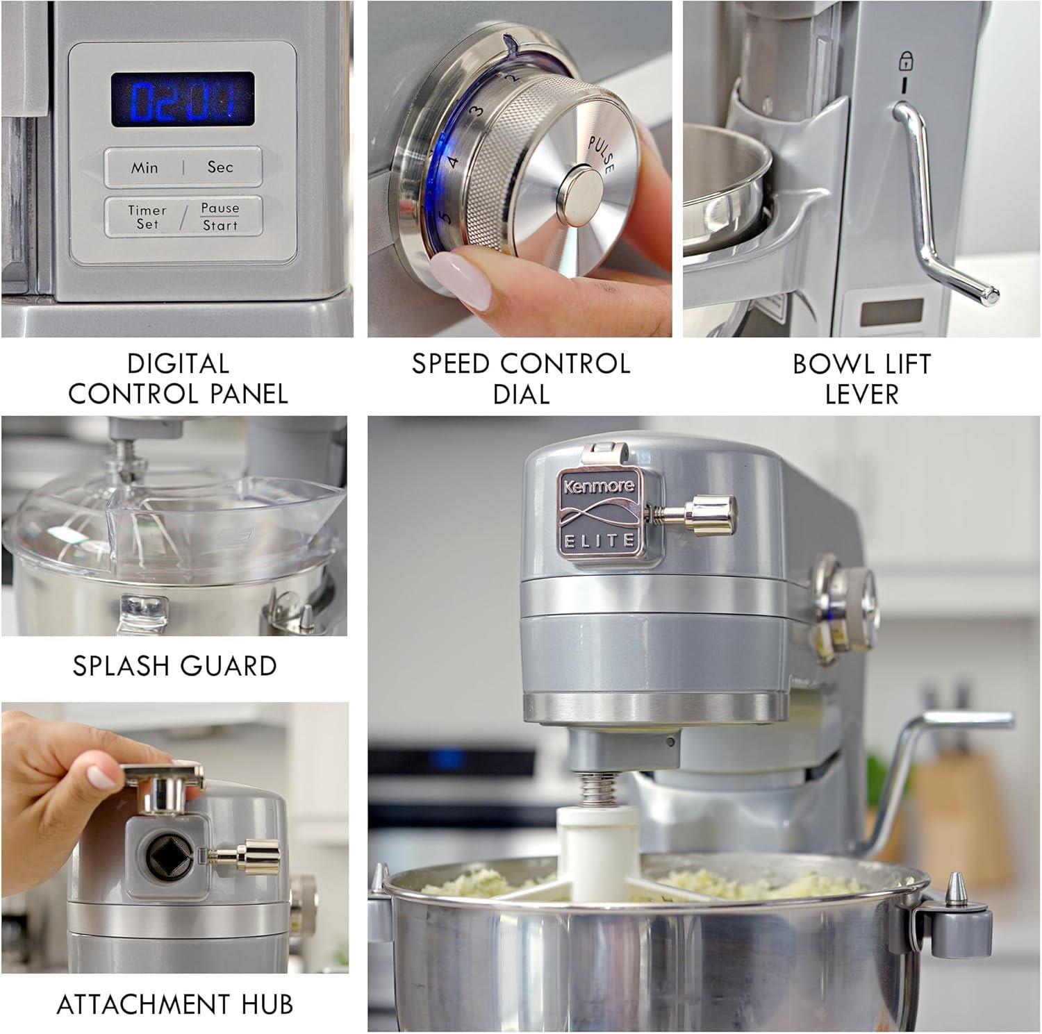 Kenmore Elite 600W Bowl Lift Stand Mixer - Digital 10 Speed Mixing, Electric, Countertop, Heavy Duty, Kitchen Appliance, 5 & 6 Qt Stainless Steel Bowls With Flat Beater, Whisk, Dough Hook Attachments - Image 3