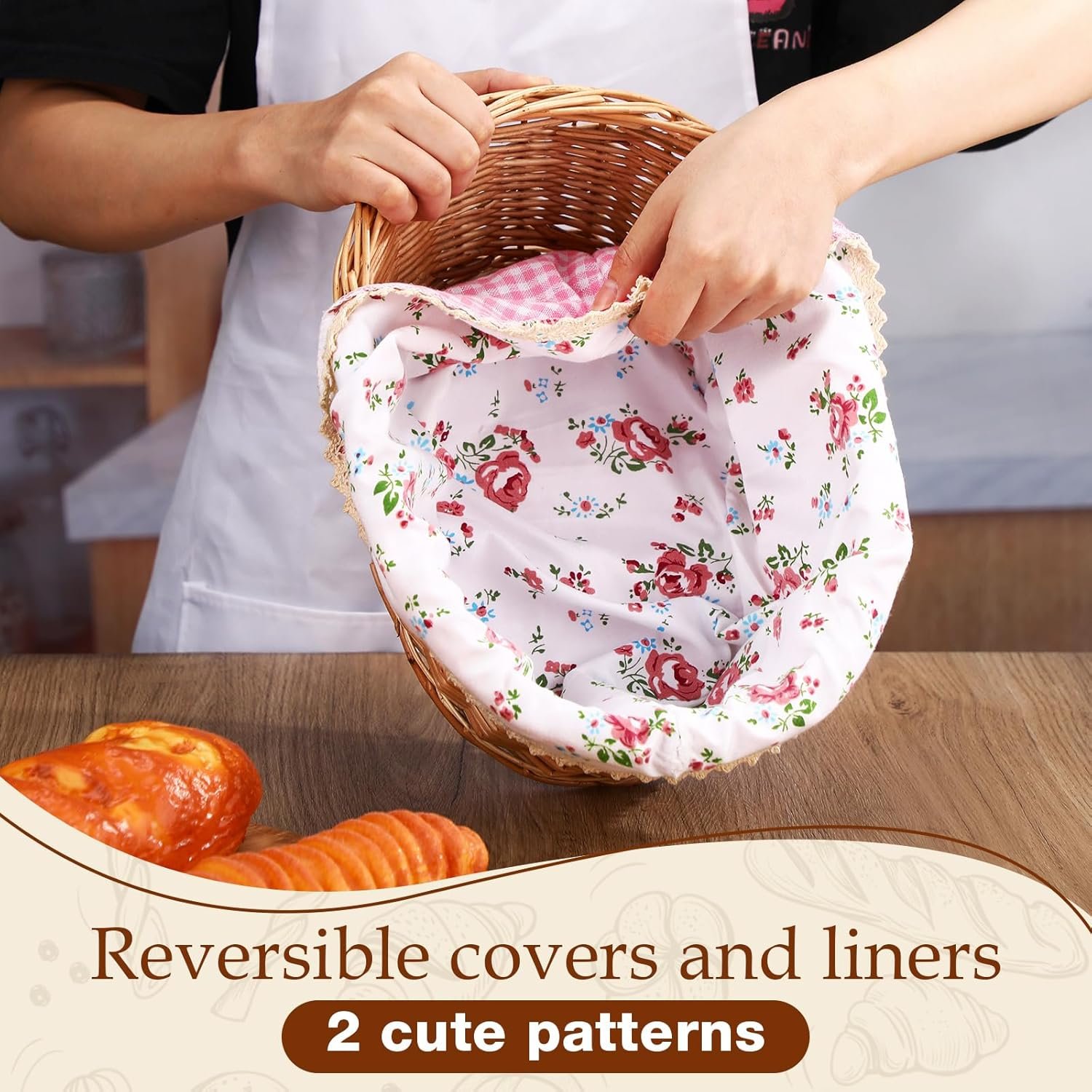 2 Sets Wicker Bread Basket for Serving Set 11 and 12 Inch Sourdough Proofing Woven Bread Baskets with Removable Liner and Tong Fruit Storage Container for Fall Thanksgiving Party(Fresh Style) - Image 3