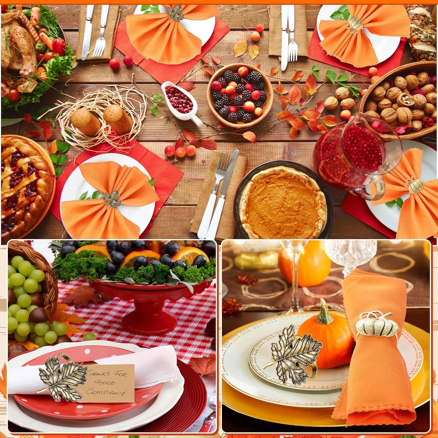 12 Pieces Thanksgiving Fall Napkin Rings Set, Include 6 Pieces Pumpkin Maple Leaf Napkin Rings with 6 Pieces Solid Color Dinner Napkins for Thanksgiving, Dinner Parties, Weddings (Retro) - Image 7
