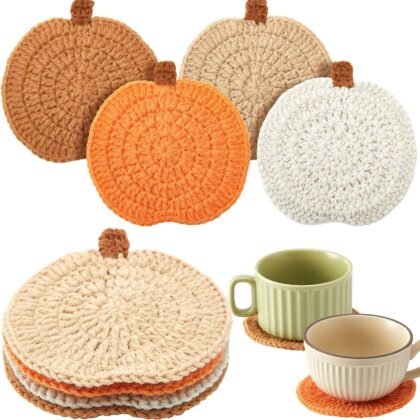 Hushee 4 Pcs Fall Coasters Crochet Thanksgiving Pumpkin Coaster 4.72 Inch Orange Home Decor Handmade Woven Pumpkin Drink Cup Pad Mats for Autumn Harvest Thanksgiving Kitchen Table Party Decor Gifts