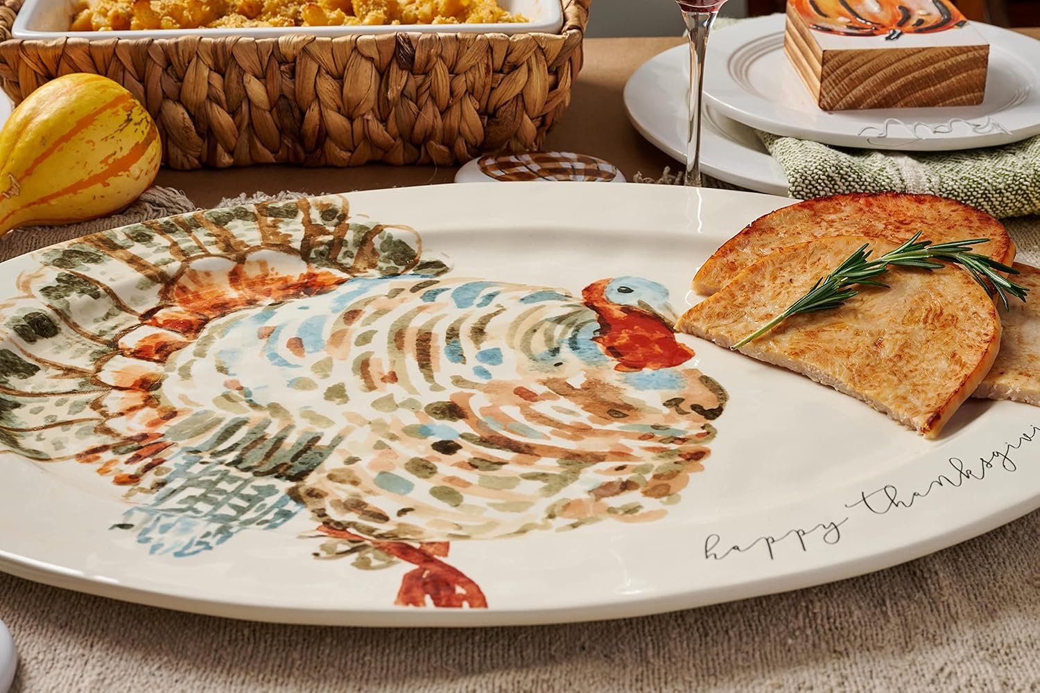 Mud Pie Watercolor Turkey Platter, White, 14"" x 20 1/2" - Image 4