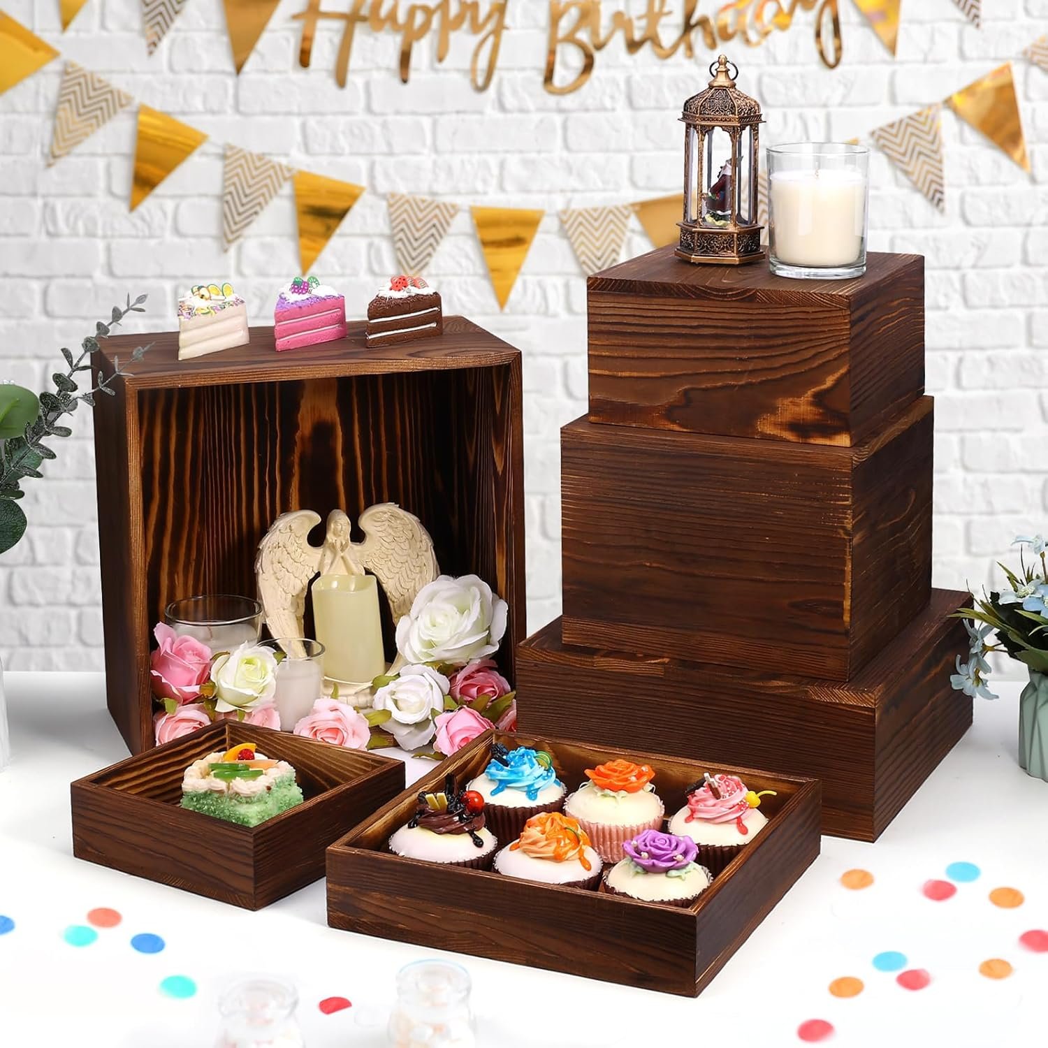 6 Pack Wooden Risers Display Stands Rustic Wood Cake & Cupcake Stands for Party Square Food Risers for Buffet Wooden Crates for Display Home Decor - Image 5