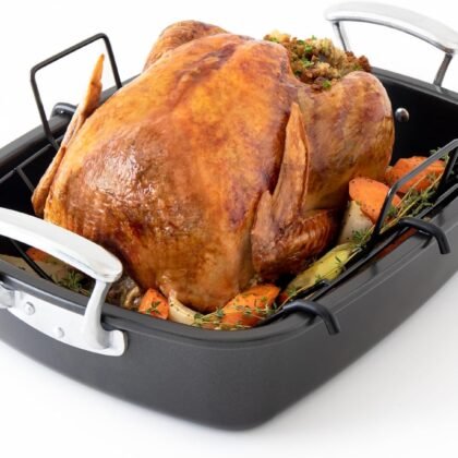 Chef Pomodoro Deluxe Large Carbon Steel Roasting Pan with U-Rack, 18.5 x 14.5-In (47 x 37 cm), Extra-Large, Grey – The Ultimate Solution for Flawless Roasts, BBQs, and Oven-to-Table Entertaining