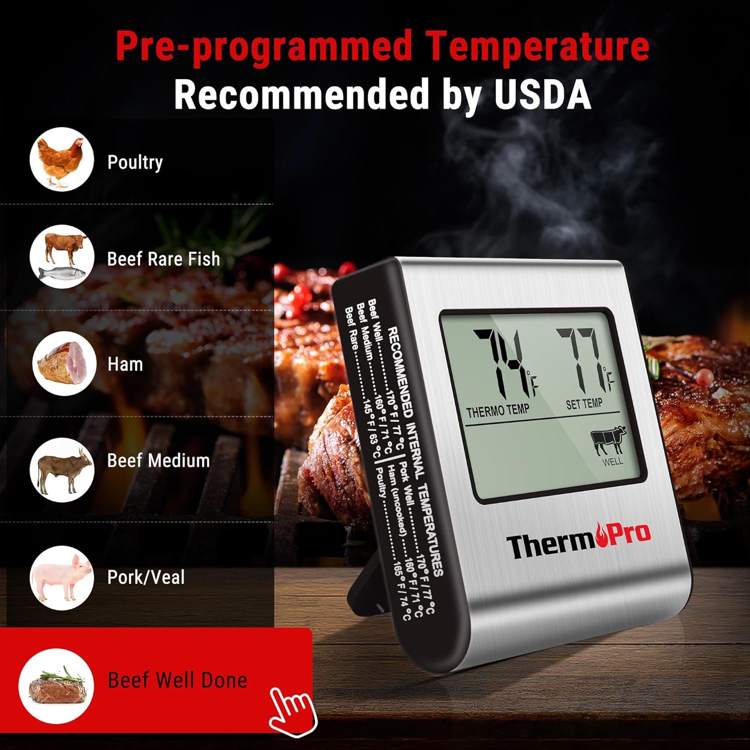 ThermoPro TP16 Large LCD Digital Cooking Food Meat Thermometer for Smoker Oven Kitchen BBQ Grill Thermometer Clock Timer with Stainless Steel Temperature Probe - Image 5