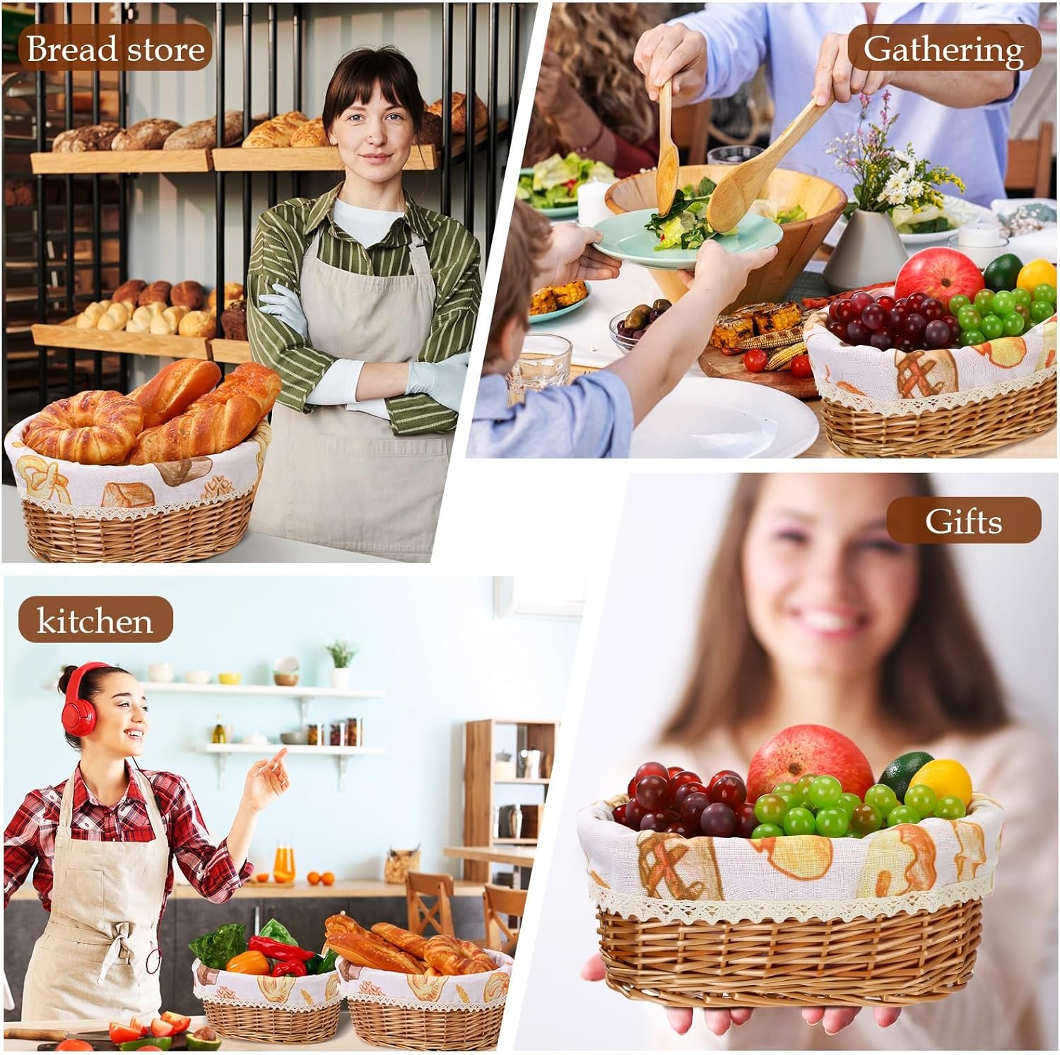 2 Sets Wicker Bread Basket for Serving Set 11 and 12 Inch Sourdough Proofing Woven Bread Baskets with Removable Liner and Tong Fruit Storage Container for Fall Thanksgiving Party(Food Style) - Image 7