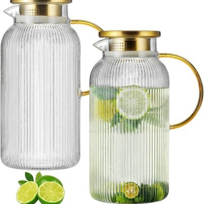 2 PACK Glass Pitcher with Lid, 68 oz/ 2 Liter Classic Vertical Stripes Water Pitcher with Handle,Glass Water Carafe for Cold Brew, Coffee, Lemonade, Iced Sun Tea,Beverage,Heat Resistant