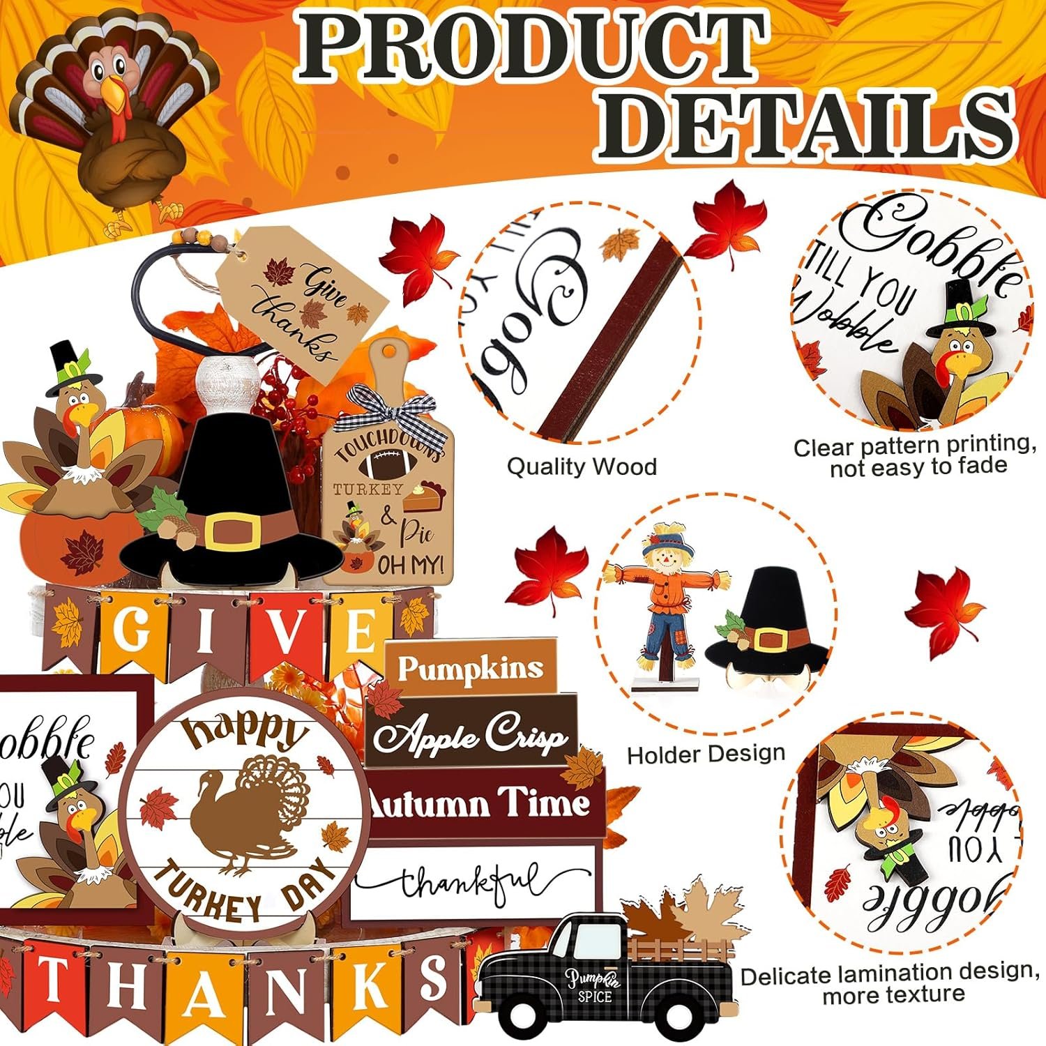 24 Pcs Thanksgiving Tiered Tray Decoration Fall Thanksgiving Decoration Farmhouse Rustic Wooden Sign Turkey Truck Scarecrow Fall Decoration Warm Thanksgiving Fall Home Table Kitchen Decorative Tray - Image 4