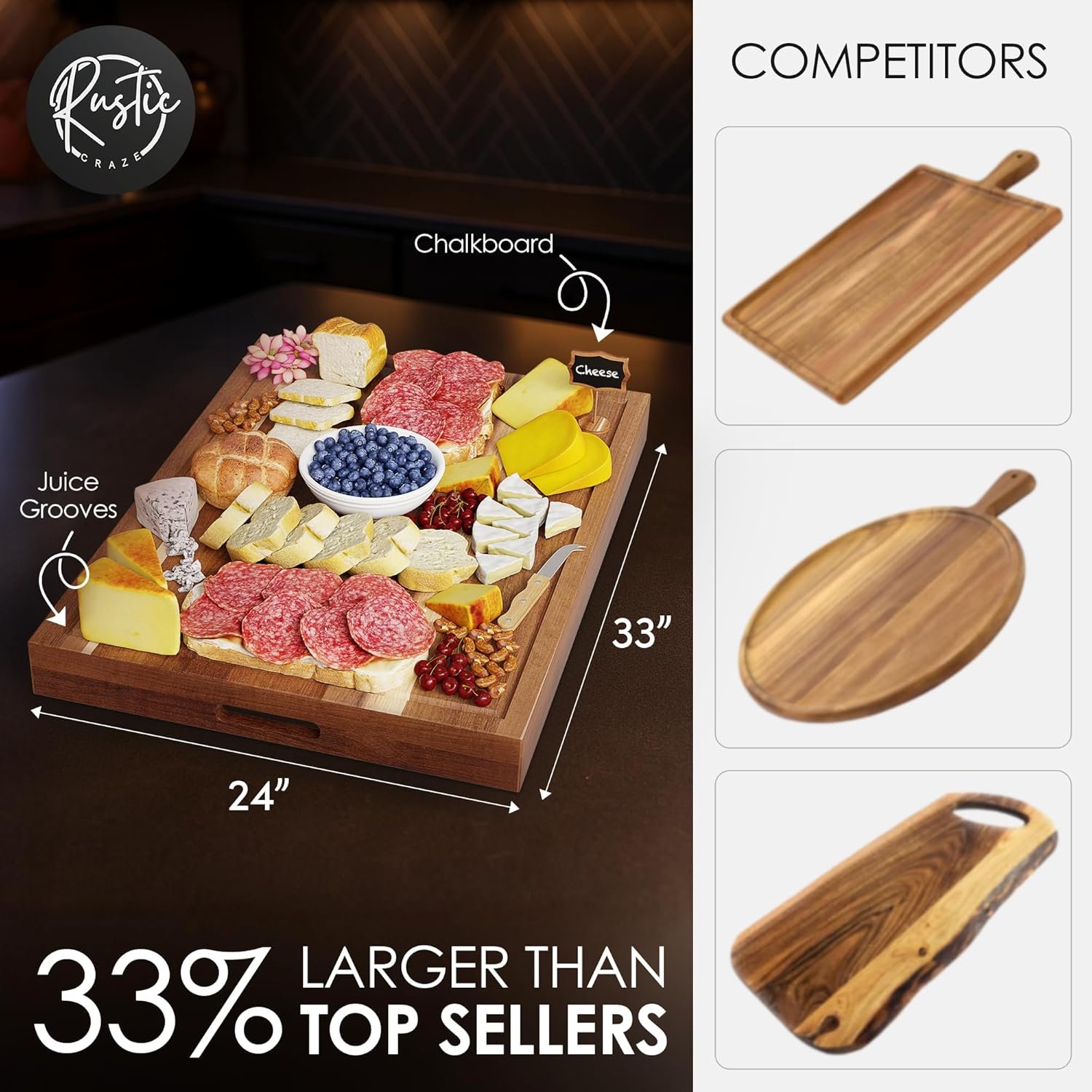 33"x 24" EXTRA LARGE Acacia Wood Cutting Board for Kitchen w/Juice Grooves, Tray Handles, Gift Box, Butcher Block, Serving & Charcuterie Tray, 10 Chalkboard Labels w/Chalk Pens - Image 2