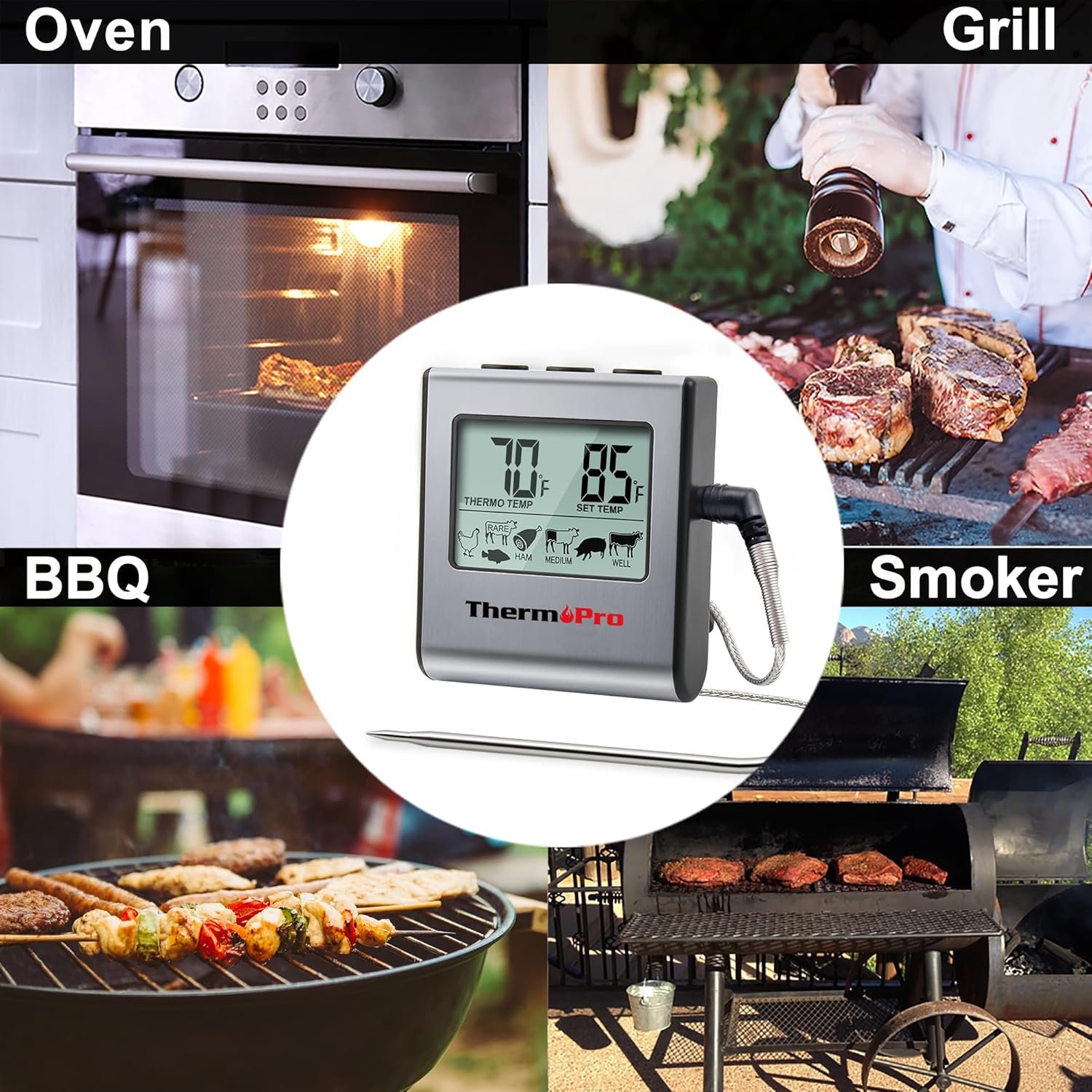 ThermoPro TP16 Large LCD Digital Cooking Food Meat Thermometer for Smoker Oven Kitchen BBQ Grill Thermometer Clock Timer with Stainless Steel Temperature Probe - Image 7