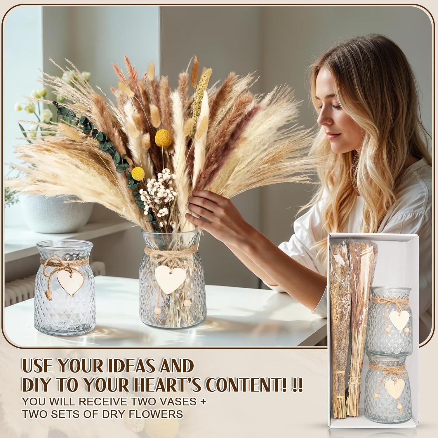 149 Pcs Dried Pampas Grass Decor Dining Table Centerpiece with 2 Pcs 6.3in Vase DIY Boho Decor Natural Dried Pampas Grass for Home Decor Birthday Party Thanksgiving Christmas Weddings Decor - Image 2