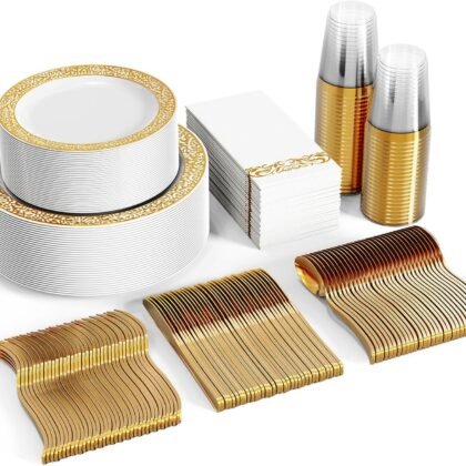 FOCUSLINE 350 Ct Gold Dinnerware Set for 50 Guests, Gold Lace Plastic Plates Disposable Heavy Duty, Including 50 Dinner & Dessert Plates, Cups, Napkins, Cutlery Set