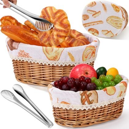 2 Sets Wicker Bread Basket for Serving Set 11 and 12 Inch Sourdough Proofing Woven Bread Baskets with Removable Liner and Tong Fruit Storage Container for Fall Thanksgiving Party(Food Style)