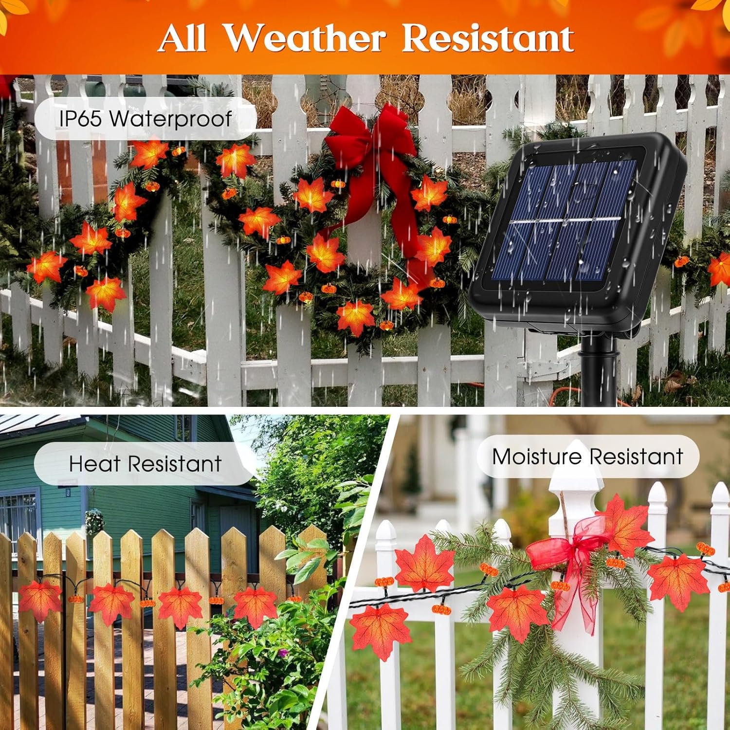 Fall Solar Lights Outdoor Decorative, 39FT Solar Fall Leaves Garland String Lights with 100 LEDs and 8 Modes for Porch, Yard, Front Door, Patio, Outside,Thanksgiving Harvest Autumn Decorations - Image 5