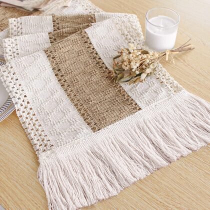 FEXIA Boho Table Runner for Fall Home Decor with Tassels 72 Inches Long Farmhouse Rustic Table Runner Macrame Burlap Table Decoration for Living Room Bridal Shower(12x72 Inches)
