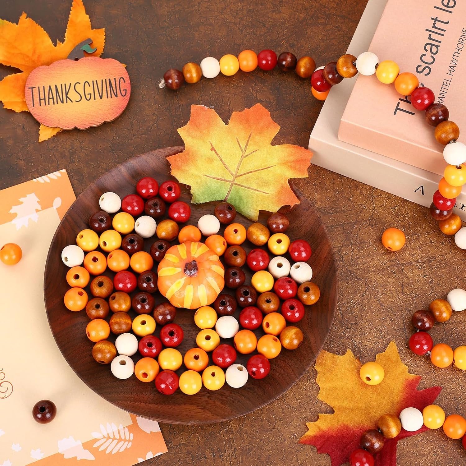 Whaline 240Pcs Fall Thanksgiving Wood Beads Colorful Autumn Red Orange Yellow Round Spacer Beads with Holes Round Loose Beads for Autumn Tiered Tray Garland DIY Crafts Farmhouse Home Decor - Image 4