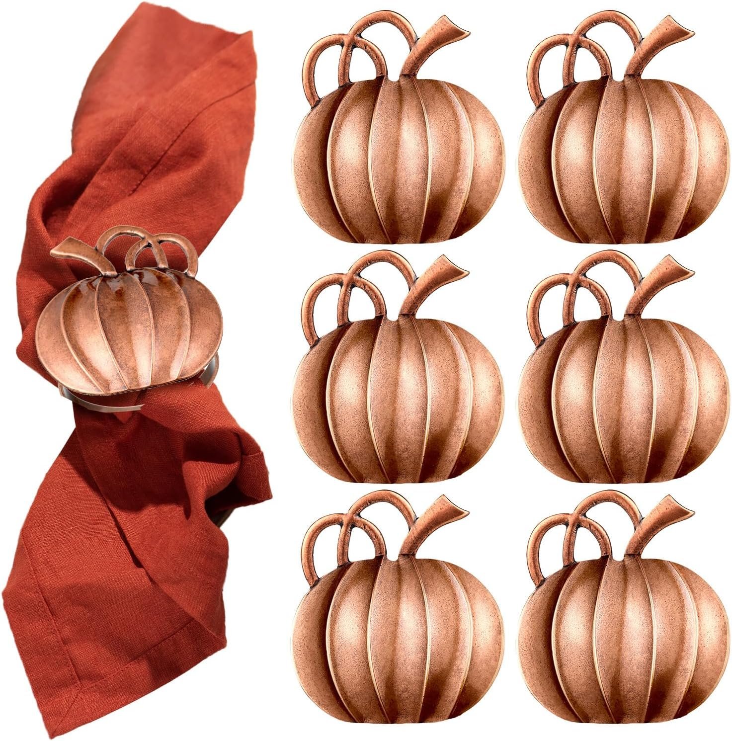 Patelai 6 Pieces Thanksgiving Pumpkin Napkin Rings Fall Napkin Holders Thanksgiving Dinner Tables Rings for Halloween Weddings Dinner Party Family Gatherings (Bronze)