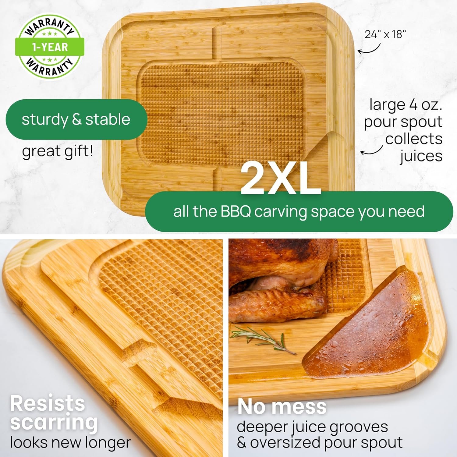 GREENER CHEF 24 Inch 2XL Organic Meat Carving Board with Lifetime Replacements - Wooden Butcher Block with Pour Spout, Turkey Platter for Holidays, Meat Cutting Board - Image 4