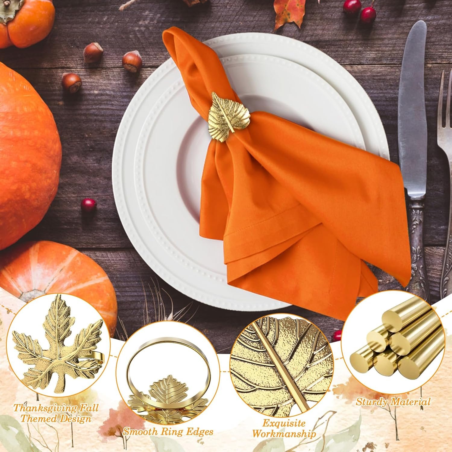 Thanksgiving Napkin Rings Set of 12 Maple Leaf Gold Fall Napkin Rings Holders Buckle Pumpkin Patterns for Thanksgiving Harvest Christmas Daily Home Party Table Decor Wedding Supplies - Image 3