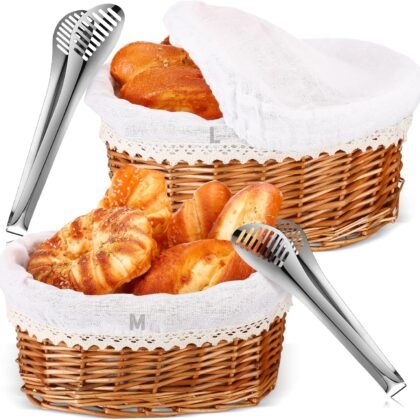 2 Set 11" 12" Wicker Bread Baskets for Serving Set Round Woven Fruit Pastries Baskets with Removable Liner Cover Tongs Bread Storage Container for Fall Thanksgiving Sourdough Proofing(Natural)