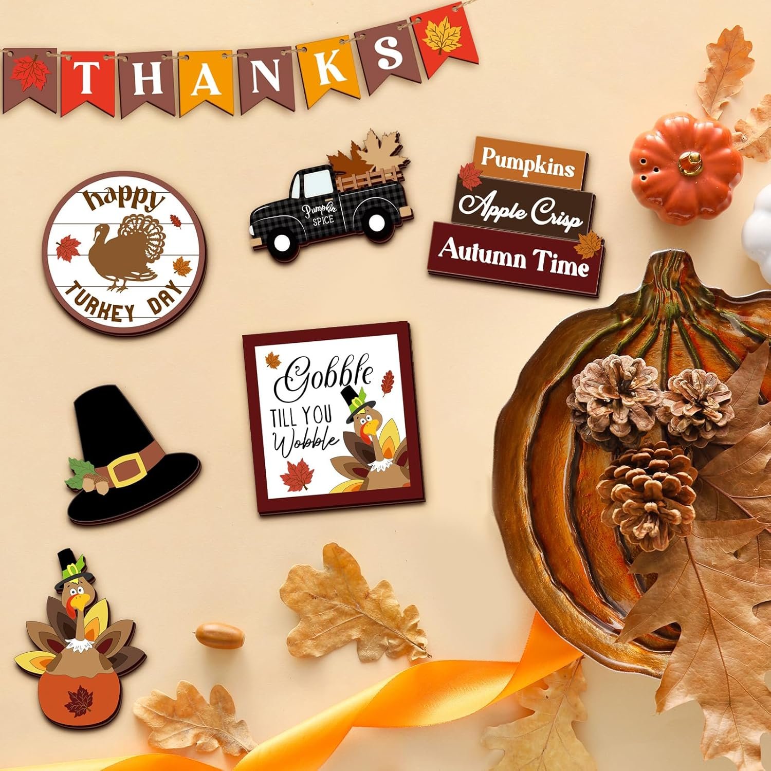 24 Pcs Thanksgiving Tiered Tray Decoration Fall Thanksgiving Decoration Farmhouse Rustic Wooden Sign Turkey Truck Scarecrow Fall Decoration Warm Thanksgiving Fall Home Table Kitchen Decorative Tray - Image 6