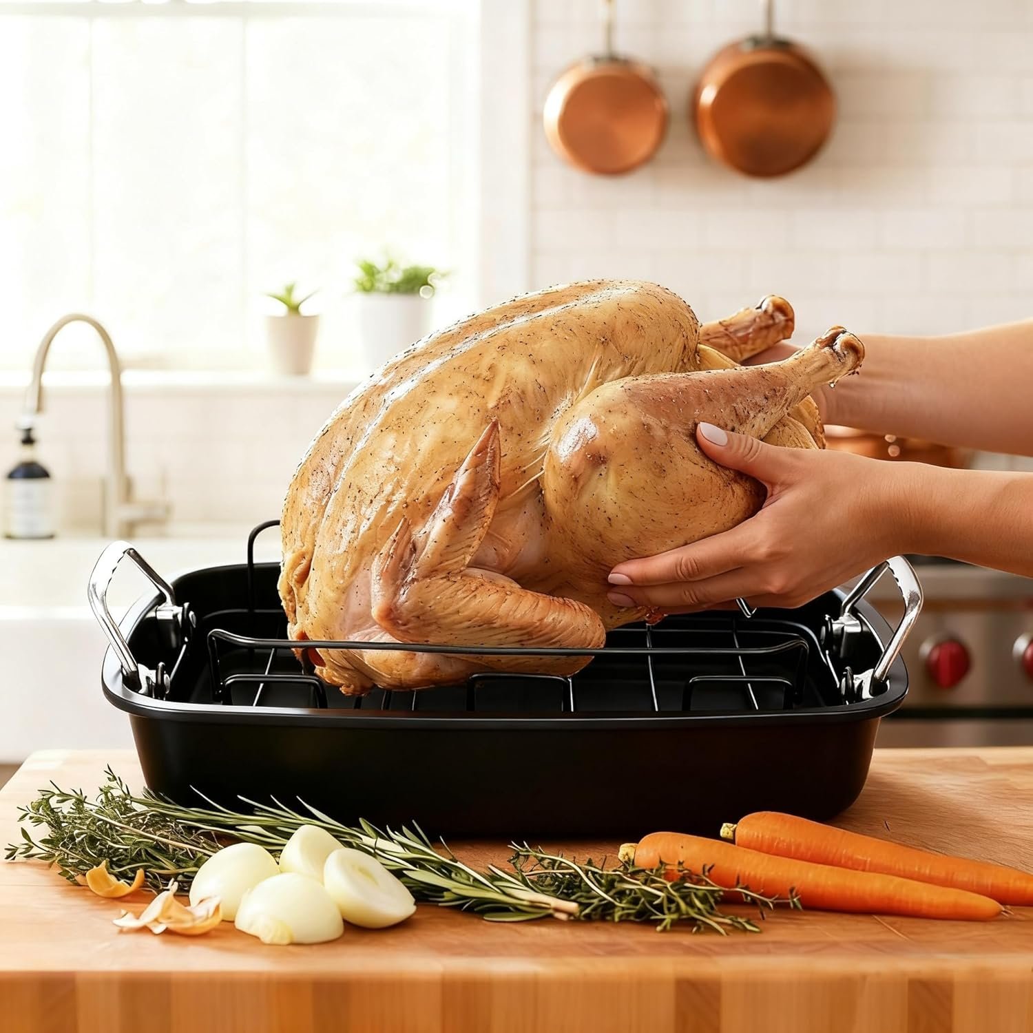 Large Nonstick Roasting Pan Kit with Rack (17x13 Inch) - Includes Baster, Pastry Brush & Twine for Turkey, Chicken, Ham - Even Heating, Easy Clean, Dark Grey (Large-17.2'' x 13.5'') - Image 7