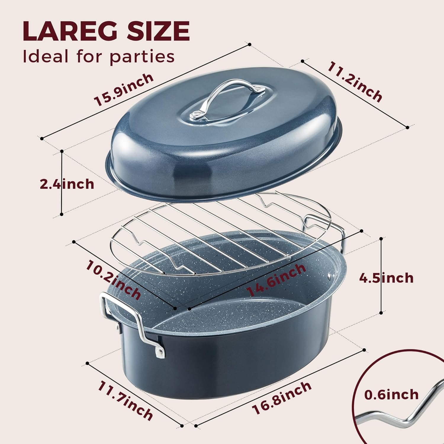 HONGBAKE 18 Inch Turkey Roasting Pan with Rack and Lid – Large Gray Carbon Steel Roaster Pan for 20 lb Turkey, Oven Safe Baking Pan for Holiday Meals & Thanksgiving - Image 4