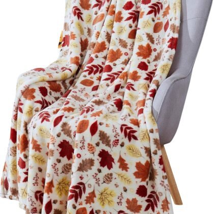 Fall Decor Throw Blanket: Soft Warm Autumn Leaves and Berries in Red Yellow Brown Beige Colors for Living Room Couch Bed Chair Dorm, Oversized 50" x 70" inches