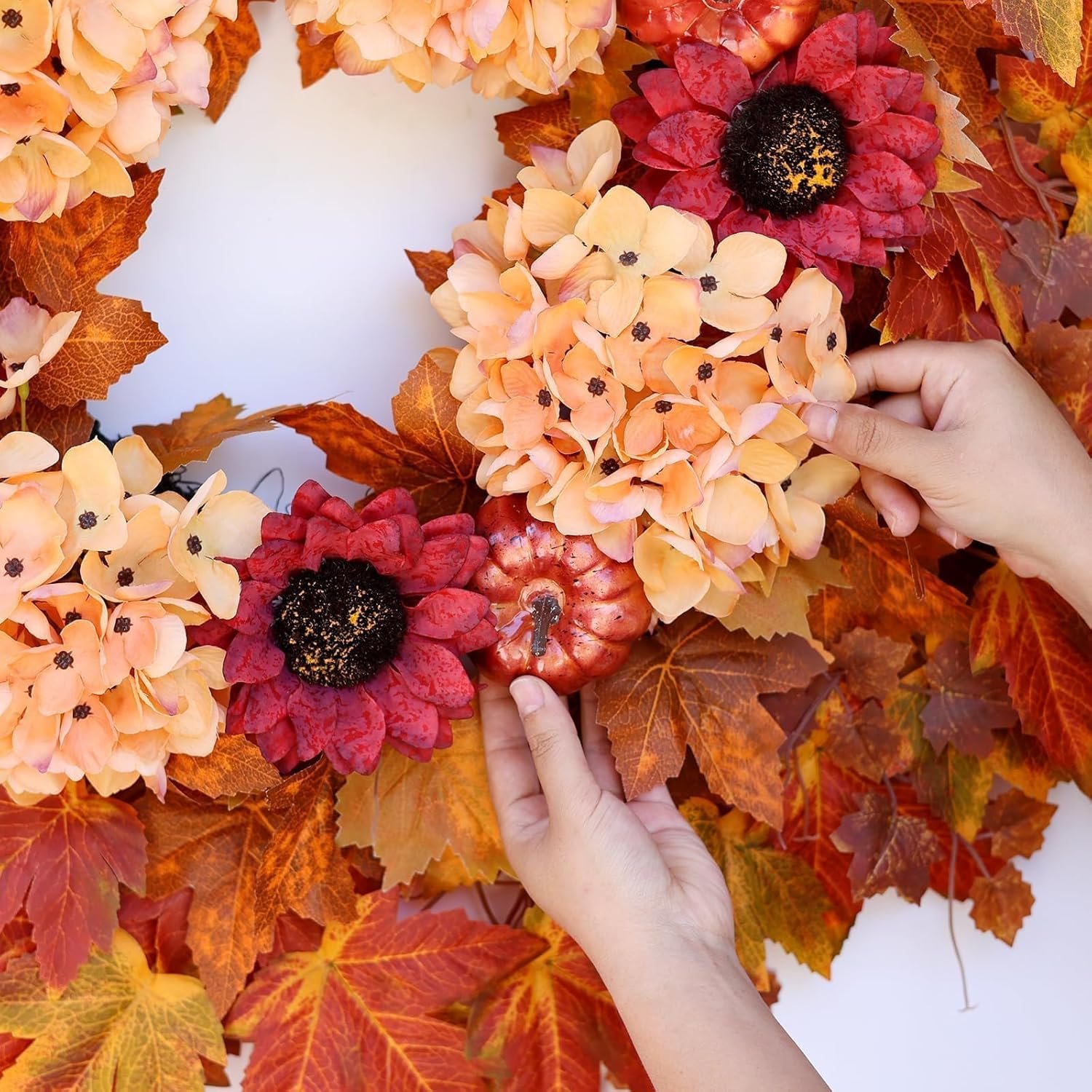 28'' Large Fall Wreath for Front Door, Porch, Window- Artificial Maple Leaves Faux Sunflower Hydrangea Pumpkins Outdoor Autumn Wreath for Home, Farmhouse Wall Thanksgiving Day Harvest Festival Decor - Image 7