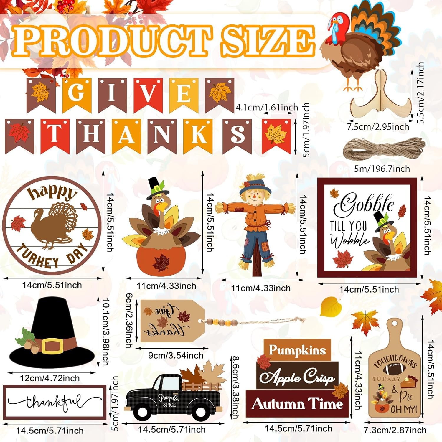 24 Pcs Thanksgiving Tiered Tray Decoration Fall Thanksgiving Decoration Farmhouse Rustic Wooden Sign Turkey Truck Scarecrow Fall Decoration Warm Thanksgiving Fall Home Table Kitchen Decorative Tray - Image 3