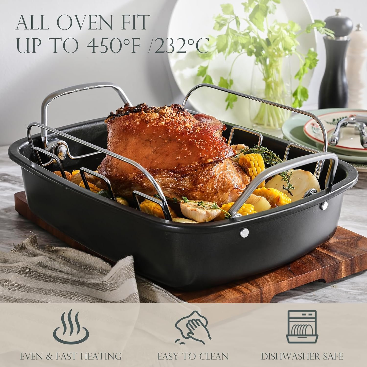 KITESSENSU Nonstick Turkey Roasting Pan with Rack 17 x 14 inch - Large Chicken Roaster Pan for Oven - Wider Handles & Heavy Duty Construction - Suitable for 24lb Turkey, Gray - Image 3