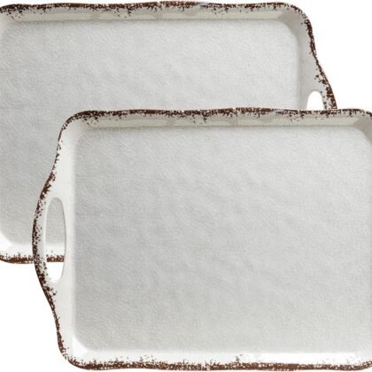 LEHAHA Vintage White Large Serving Tray with Handles, 17.25x12 inch, Set of 2 Melamine Platters for Serving Food, Turkey, Cookie, Rectangular Trays for Eating, Crackled Finish with Rustic Raised Rim.