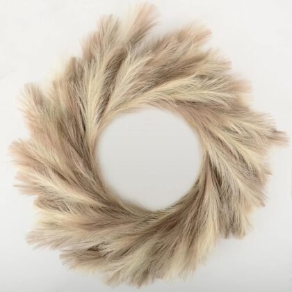 Perfnique Pampas Grass Wreath, 25'' Faux Pampas Wreath for Front Door, Artificial Pampas Wreath for All Seasons, Boho Wall Decor, Farmhouse Pampas Grass Garland, DIY Wreath Arrangement (Ivory&Taupe)