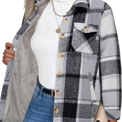 Zeagoo Women's Fleece Sherpa Jacket Casual Long Sleeve Button Down Flannel Shacket Shirt Winter Coat with Pockets