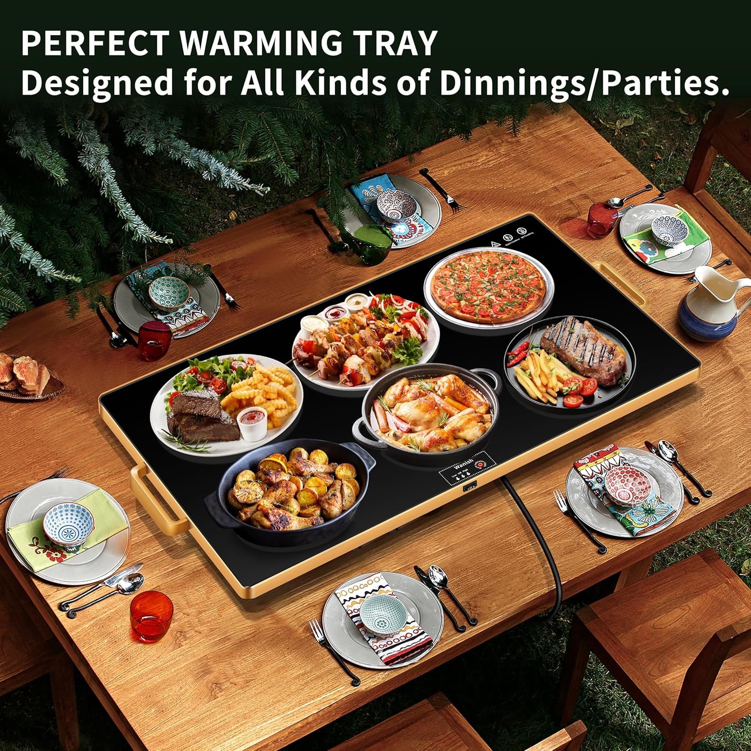 Electric Warming Tray (XXL 32”x18”),Food Warmers for Parties Buffet with Thermostat & Full Surface Heating, Tempered Glass Warming Mat for Food, Temperature Adjustable Gold Handles Food Warming Mat - Image 5