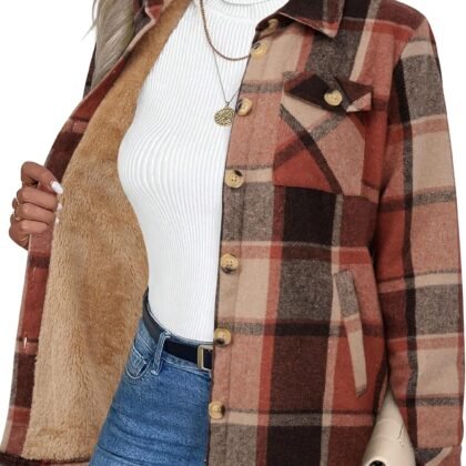 Zeagoo Women's Fleece Sherpa Jacket Casual Long Sleeve Button Down Flannel Shacket Shirt Winter Coat with Pockets