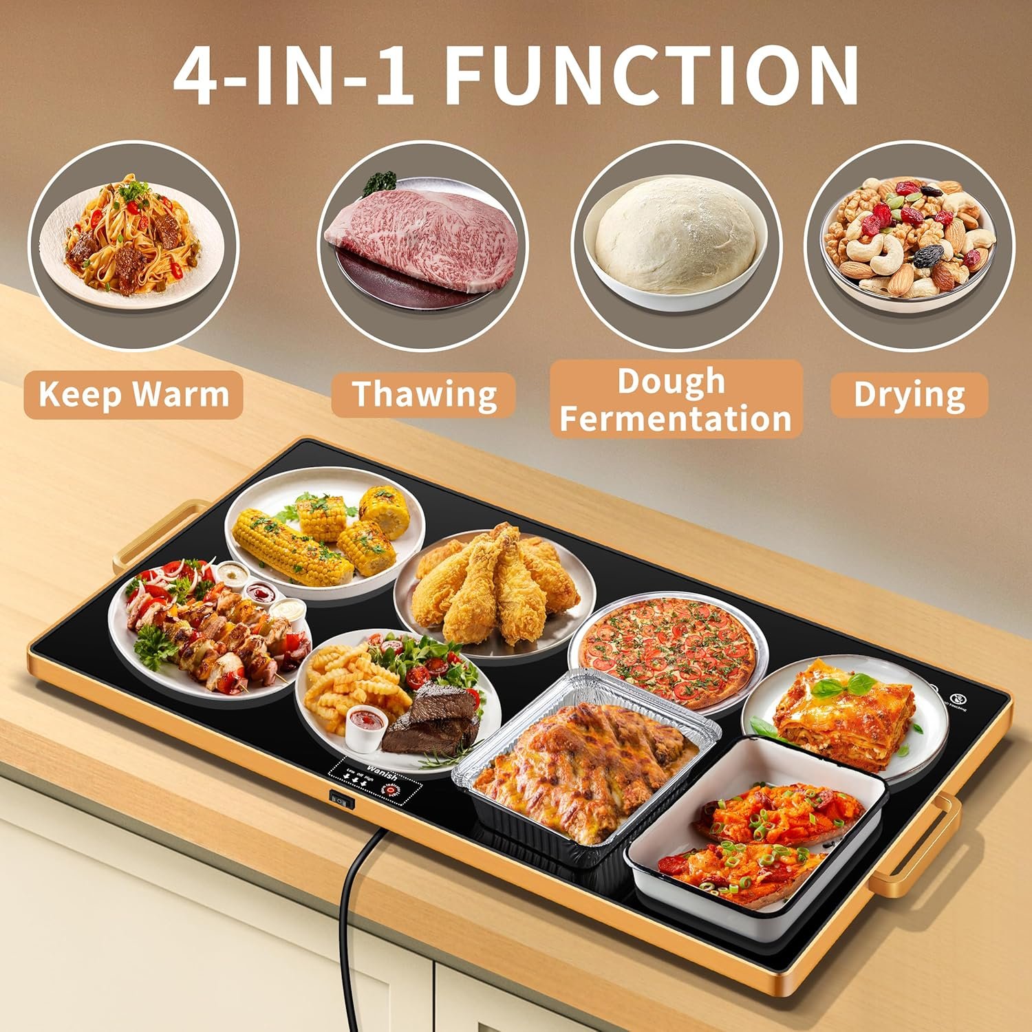 Electric Warming Tray (XXL 32”x18”),Food Warmers for Parties Buffet with Thermostat & Full Surface Heating, Tempered Glass Warming Mat for Food, Temperature Adjustable Gold Handles Food Warming Mat - Image 3